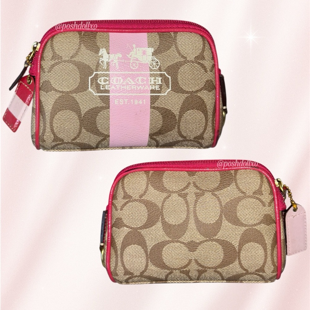 Sold 🎀 Authentic Coach Signature Cosmetic Case | Brown w/ Pink Stripe & Red Trim